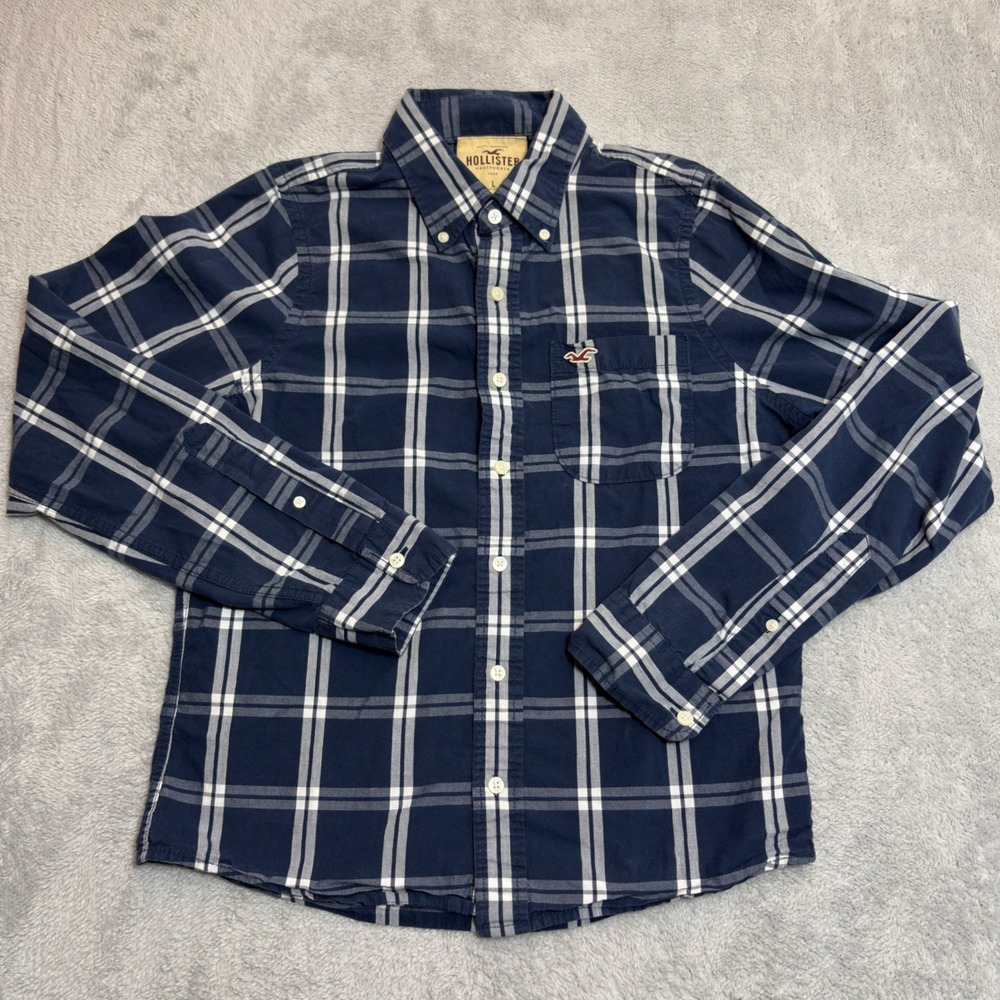 Hollister Button Down Shirt Mens Large Blue White Plaid Long Sleeve 100% Cotton